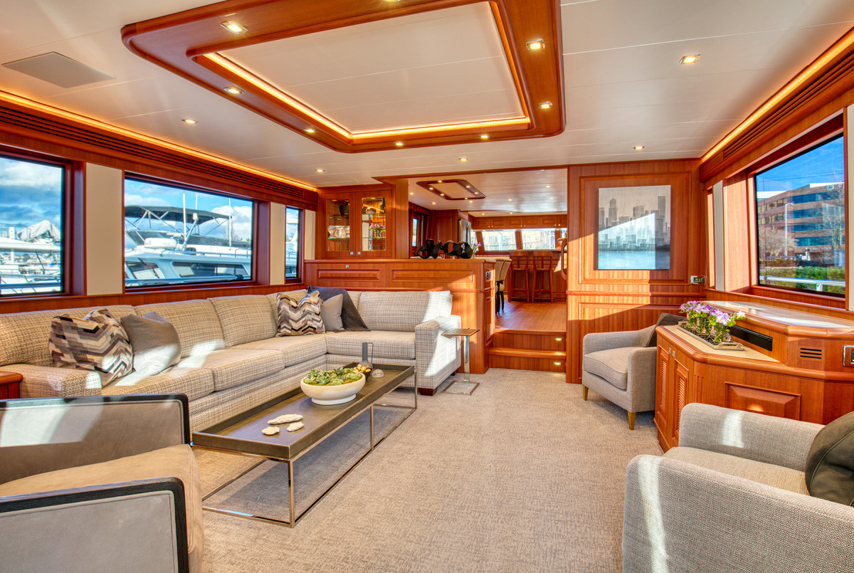 Her salon takes advantage of the 20-foot beam and creates an unbroken entertainment space from the aft deck to the galley forward.