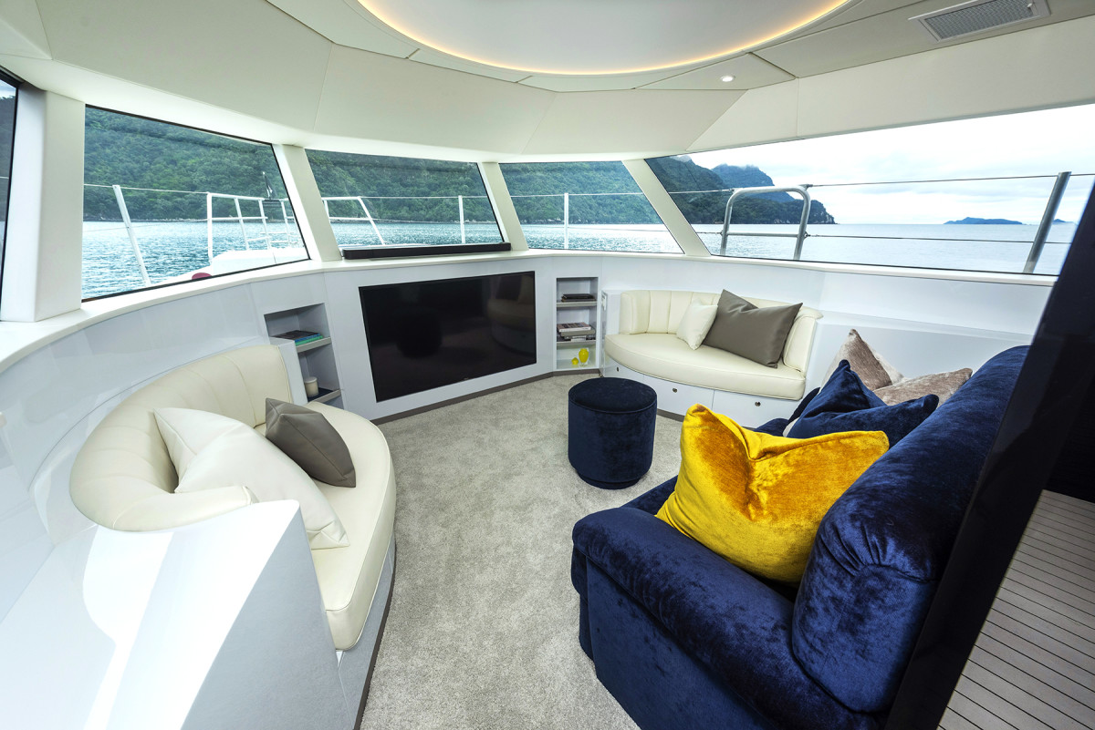 The forward salon looks to be the ideal spot to relax while underway. And like the rest of the vessel, it is quiet. The owner's request to insulate the staterooms and shared spaces from mechanical noise results in decibel readings in the low 40s while underway.   