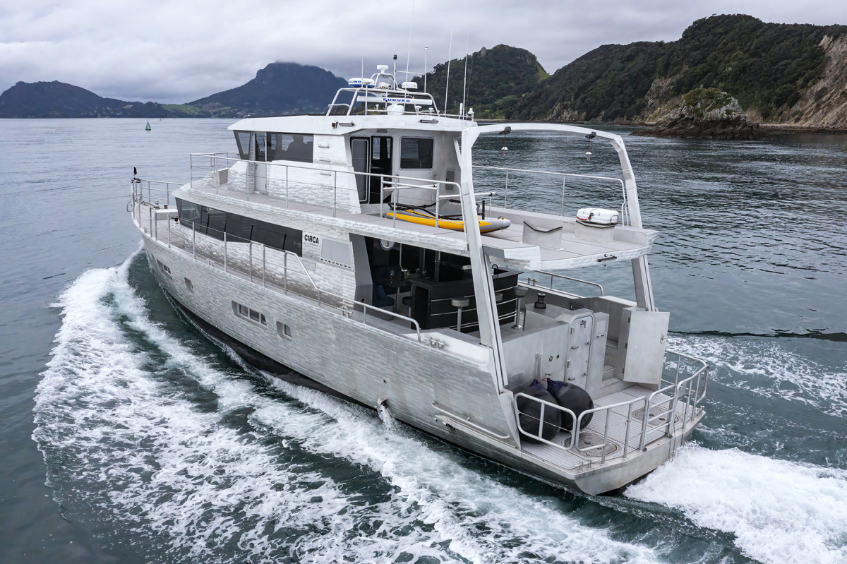 The fish-scale sheen of the yacht's finish is a hallmark of the model line. The enclosed flybridge on Deo Juvante features full walkaround side decks and a Portuguese bridge. Access is via an internal staircase.  